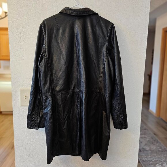 American Eagle Outfitters -  Long Black Leather Coat - Buttons Up - Lined  -Sz L - Picture 8 of 9